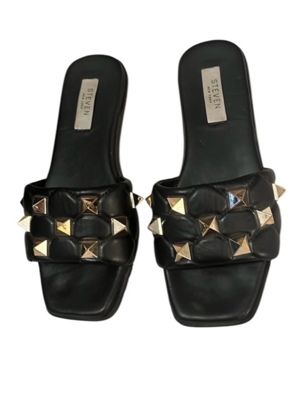 Steven NY Womens Yemie Black Quilted Faux Leather Studded Flat Slide Sandals 7.5